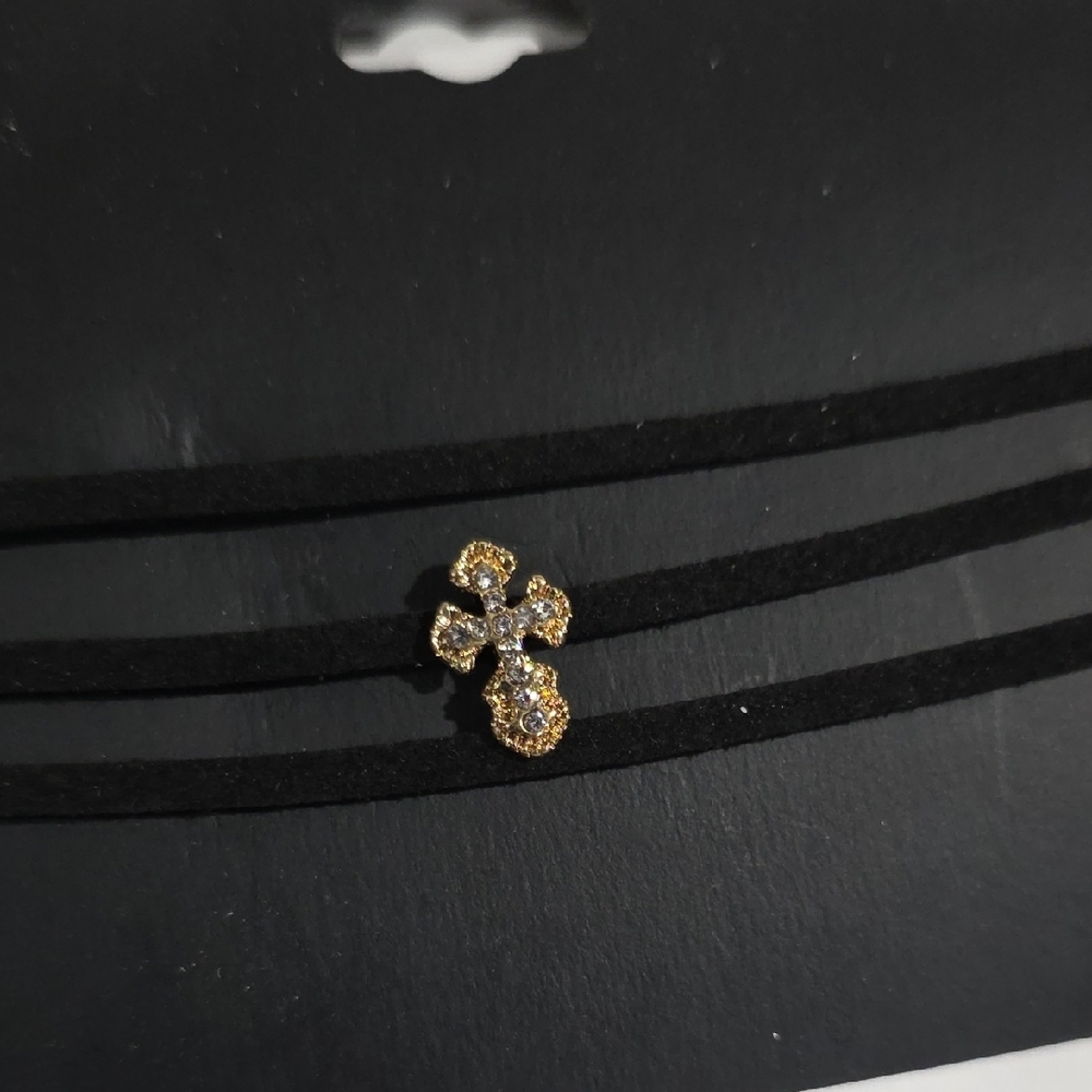 Black Cord Necklace with Gold Rhinestone Cross – Gothic Layered Fashion Jewelry - Picture 6 of 8